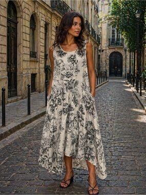 New Collection Cream Toile Print Sleeveless Dress